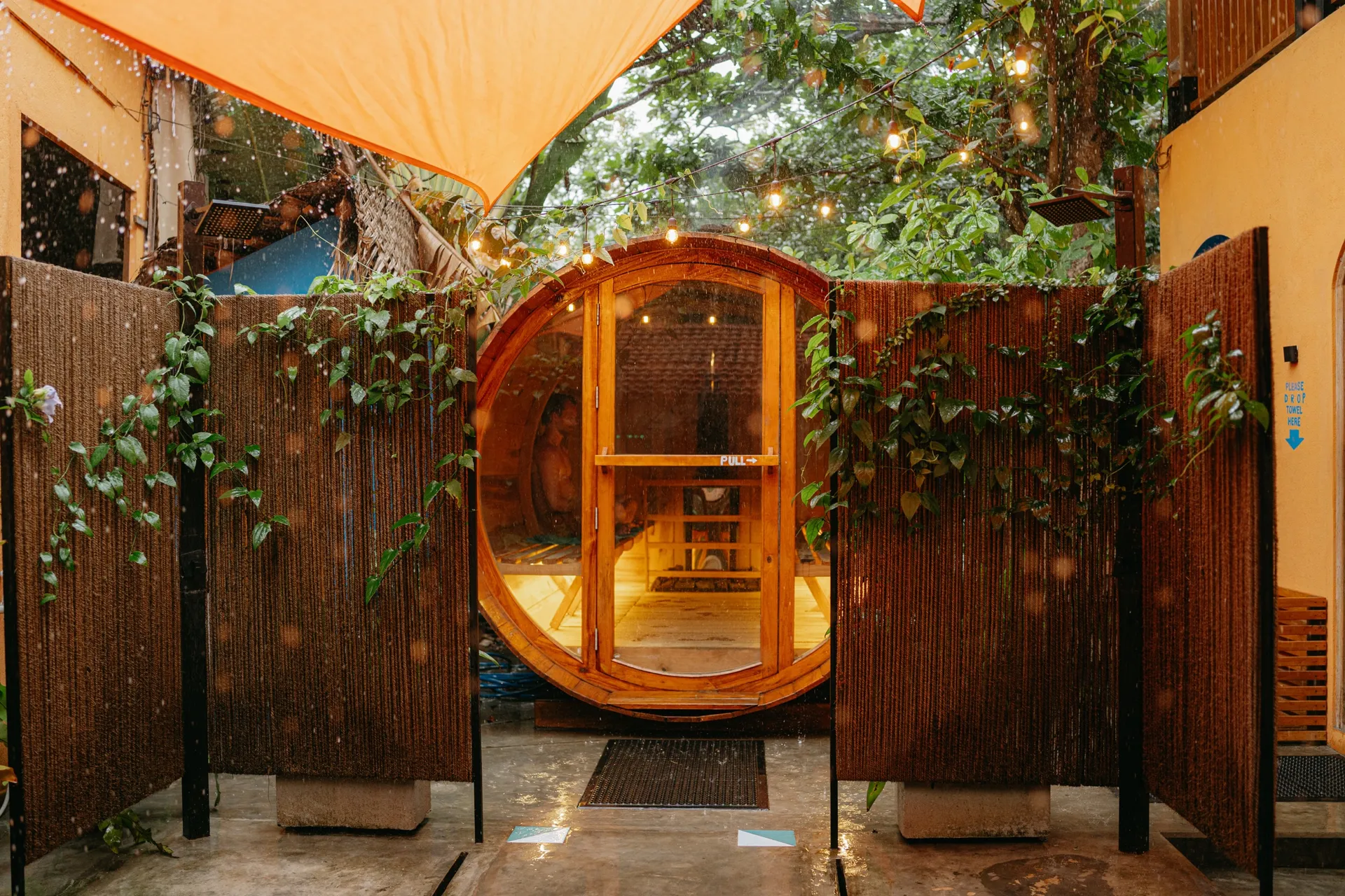 Wood-fired barrel sauna at Maha Sauna, Hiriketiya, Sri Lanka